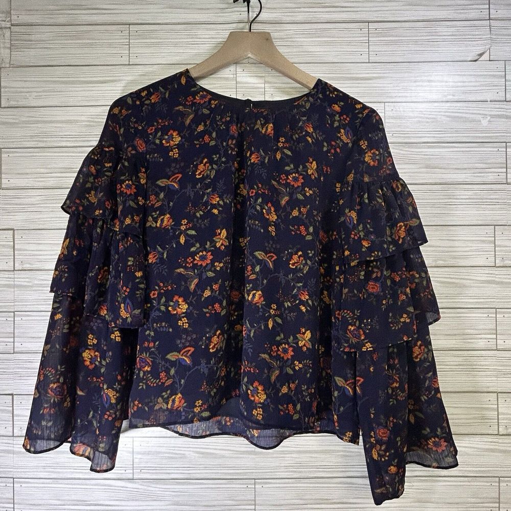 Madewell Ruffle Tiered Sleeve Blouse Womens Small S Blue Floral Boho Chiffon